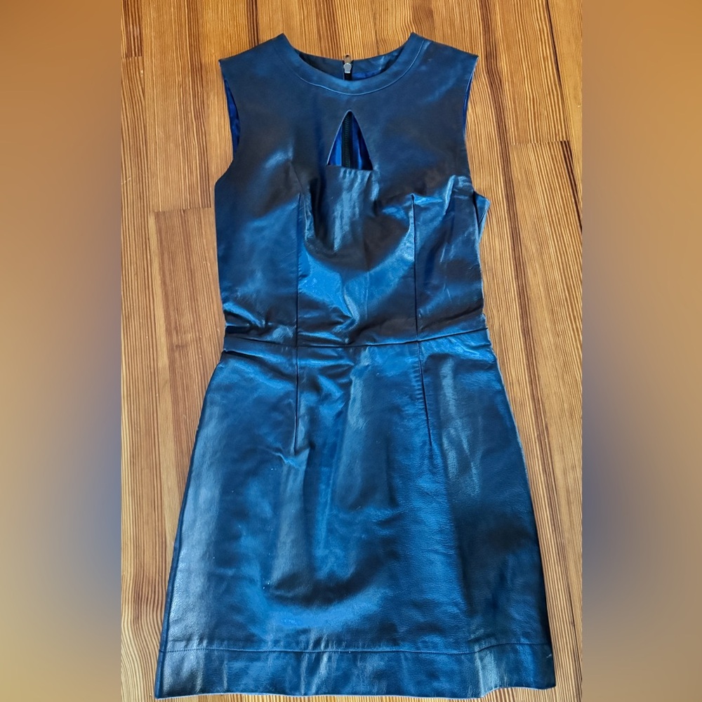 100% leather and lined silk Porter Grey mini dress with cutout front and back